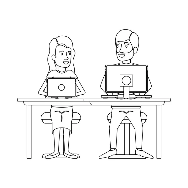 团队精神的女人和男人坐在书桌前与科技设备和她长长的卷发和他留着胡子，正式的西装的单色剪影 — 图库矢量图片