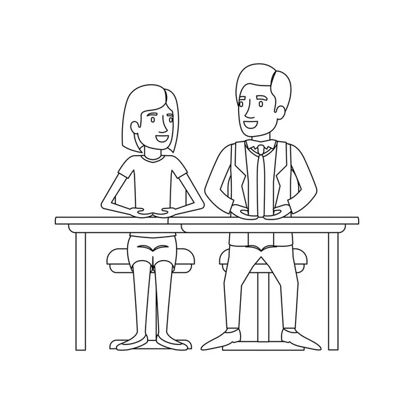 Silhouette monocromatica di lavoro di squadra di donna e uomo seduti in scrivania e lei con i capelli corti e lui in abito formale con cravatta — Vettoriale Stock