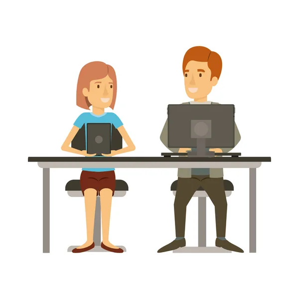 Färgglad silhuetten av lagarbete av kvinnan och mannen sitter i skrivbord med tech enheter och hennes med kort hår och honom i formell kostym — Stock vektor