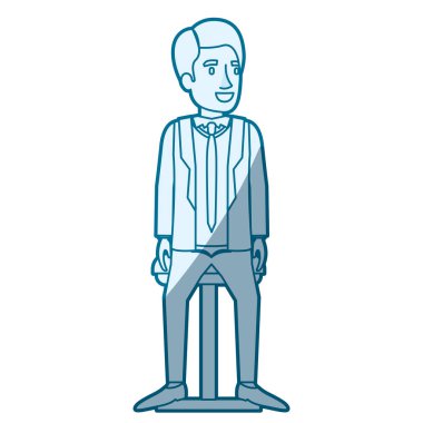 bir adam resmi takım elbise ve yan saç gölgelendirme ve sandalyede oturan mavi renk siluet