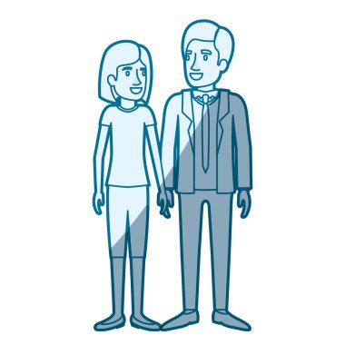 mavi renk siluet adam ve kadın ayakta ve gölgelendirmesini onu kısa saçlı ve onu kravat ile resmi elbiseli