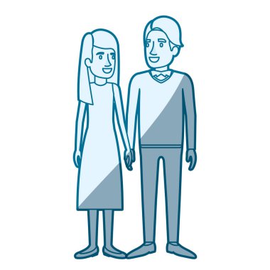 mavi renk siluet adam ve kadın ayakta ve gölgelendirmesini onu uzun saçları düz ve onu resmi kıyafet ve saç yan saçak