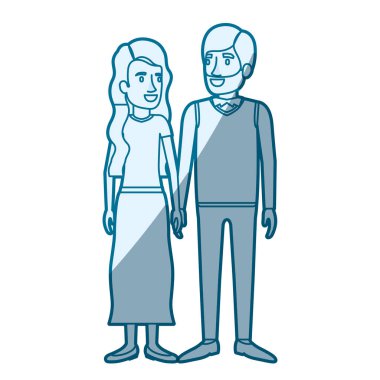 mavi renk siluet adam ve kadın ayakta ve gölgelendirmesini onu uzun dalgalı saçlı ve onu resmi giysiler ve sakal