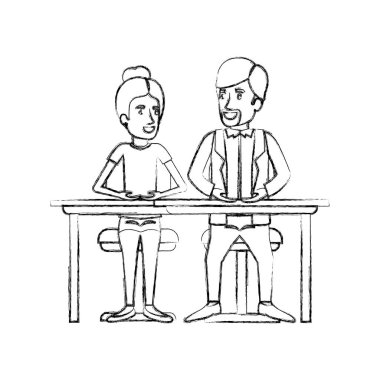 siluet çalışması kadın ve Resepsiyon ve onu van dyke sakallı rahat kıyafetler içinde toplanan saç ve onu oturan adam bulanık