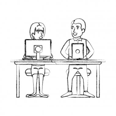 siluet çalışması teknik cihaz ve at kuyruğu saç ve adam resmi elbiseli kadın ile masasında oturan çiftin bulanık