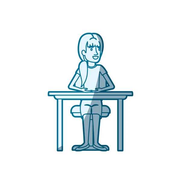 Blå färg siluett skuggning av kvinna med hästsvans sida hår och sitter i stol i desktop — Stock vektor