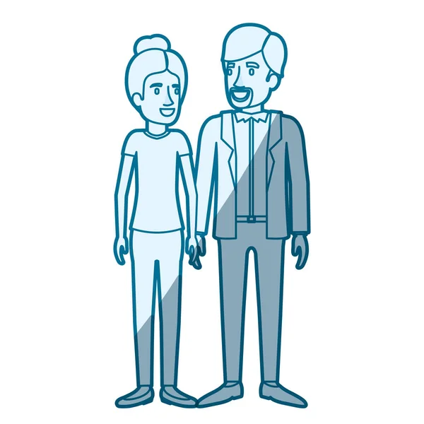 Silhouette de couleur bleue ombrage de l'homme et de la femme debout et elle avec les cheveux recueillis et lui en vêtements décontractés et barbe van dyke — Image vectorielle