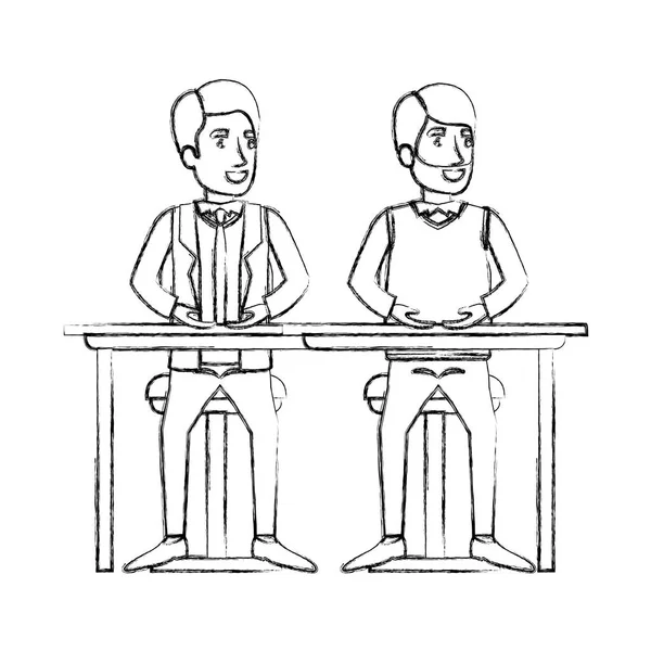 Homens silhueta borrada sentado na mesa um com roupas casuais e barba e o outro com terno formal e gravata —  Vetores de Stock