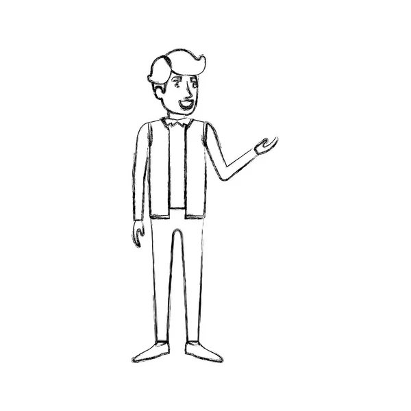 Niewyraźne sylwetka człowieka stojącego w posiadanie ubrania i włosy w boku fringe — Wektor stockowy