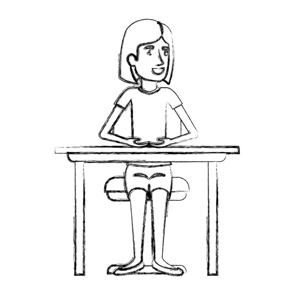 Silhueta borrada de mulher com cabelo curto e sentada em cadeira no desktop —  Vetores de Stock
