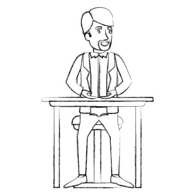 adam resmi takım elbise ve van dyke sakal ve masaüstü sandalyede otururken bulanık silüeti