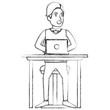 bulanık resmi kıyafet ve yan saçak saç ve danışma dizüstü aygıtı sandalyede oturan adam silüeti