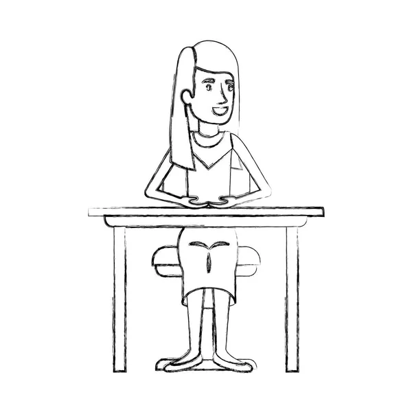 Silhouette floue de la femme avec de longs cheveux raides dans la robe et assis dans la chaise dans le bureau — Image vectorielle