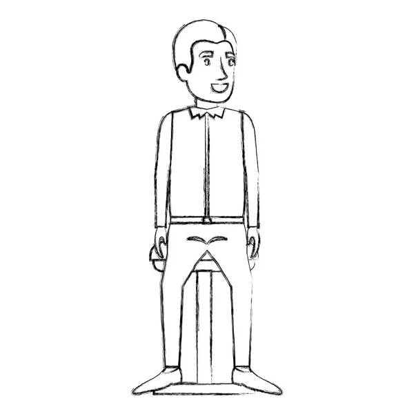 Silueta borrosa del hombre en ropa casual y pelo partido lateral y sentado en la silla — Vector de stock