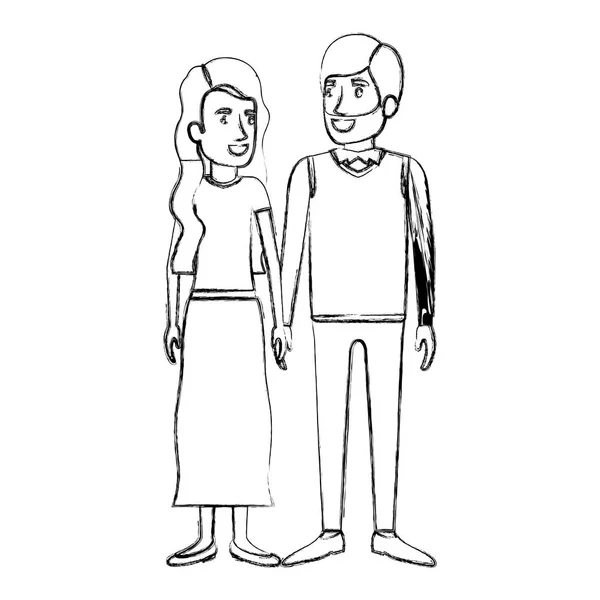 Silhouette floue de l'homme et de la femme debout et elle avec de longs cheveux ondulés et lui en vêtements formels et la barbe — Image vectorielle