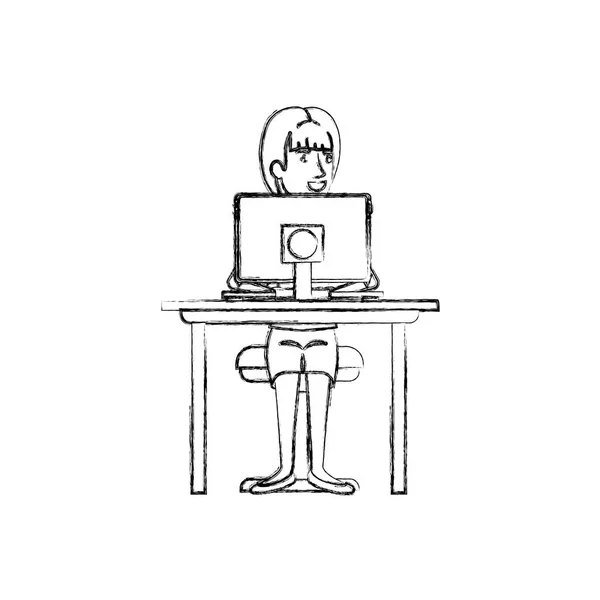Suddig siluett av kvinna med hästsvans hår och sitter i stol i skrivbord med datorenhet — Stock vektor