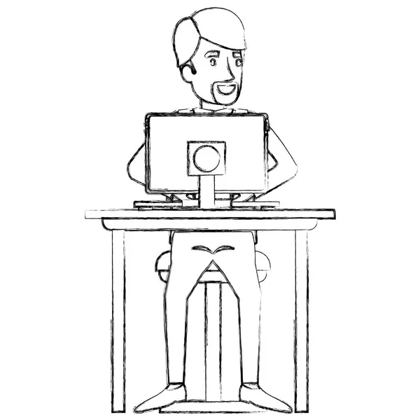 Silhouette floue de l'homme avec costume formel et barbe van dyke et côté cheveux séparés et assis dans la chaise dans le bureau en tablette — Image vectorielle