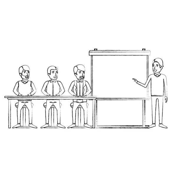 Rozmazané siluety mužů skupina sedí v stůl pro výkonného samce v prezentace podnikatelů — Stockový vektor