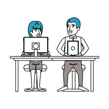 ekip çalışması teknik cihaz ve at kuyruğu saç ve adam resmi elbiseli kadın ile masasında oturan çiftin siluet renk bölümleri