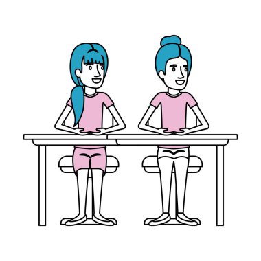 siluet renk bölümleri ile toplanan saç ve at kuyruğu saç modeli ile diğer Resepsiyon oturan kadın