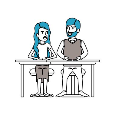 Resepsiyon ve dalgalı uzun saç ve adam van dyke saç resmi elbiseli kadınla oturan çift takım çalışması siluet renk bölümleri