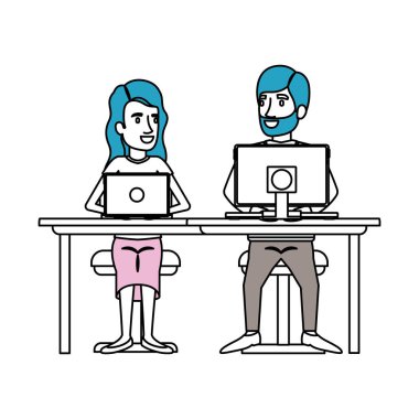 ekip çalışması teknik cihaz ve dalgalı uzun saçlı ve sakallı adam resmi elbiseli kadın masasında oturan çiftin siluet renk bölümleri