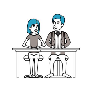 Resepsiyon ve kısa saç ve adam yan kadın ile oturan çift takım çalışması siluet renk bölümleri saç resmi kıyafetli ayırdı