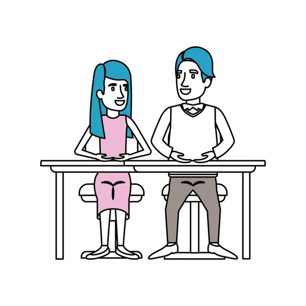 Seções de cor silhueta de trabalho em equipe de mulher e homem sentado na mesa e ela com cabelo longo e reto e ele em roupas casuais —  Vetores de Stock
