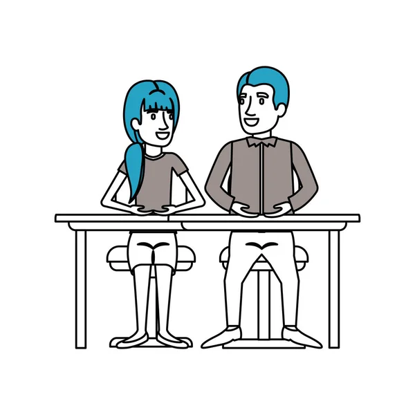 Seções de cor silhueta de trabalho em equipe de casal sentado na mesa e mulher com cabelo de rabo de cavalo e homem lado cabelo dividido em terno formal —  Vetores de Stock