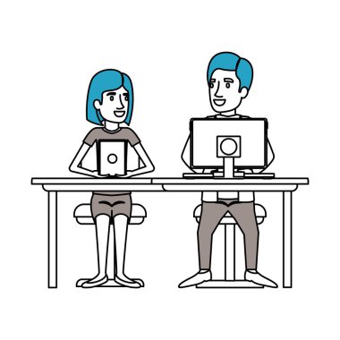 aygıt ve kadın kısa saçlı ve adam yan masasında oturan çift takım çalışması siluet renk bölümleri saç resmi kıyafetli ayırdı