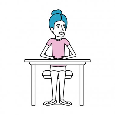 toplanan saç ve masaüstü sandalyede oturan kadın ile siluet renk bölümleri