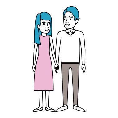 adam ve kadın ayakta ve düz uzun saçlı ve onu siluet bölümleri renk resmi kıyafet ve saç yan saçak