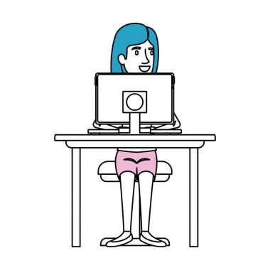 kısa saç ve bilgisayar ile Resepsiyon sandalyede oturan kadın ile siluet renk bölümleri