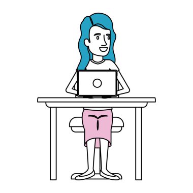 uzun dalgalı saç ve dizüstü bilgisayar aygıtla Resepsiyon sandalyede oturan kadın ile siluet renk bölümleri