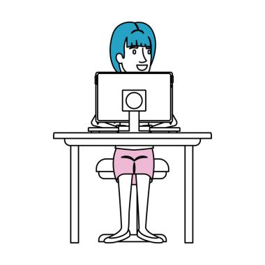 at kuyruğu saç ve bilgisayar aygıtla Resepsiyon sandalyede oturan kadın ile siluet renk bölümleri