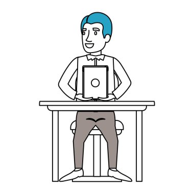 saç ve tablet masasında, sandalyede oturan adam resmi takım elbise ve yan siluet renk bölümleri ayrıldı