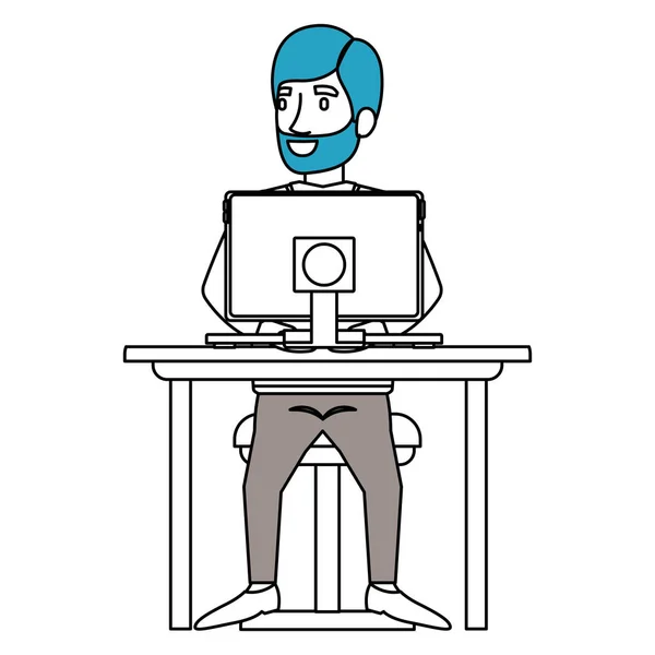 Sezioni di colore silhouette dell'uomo barbuto con abito formale e capelli separati laterali e seduto in sedia in scrivania con computer — Vettoriale Stock