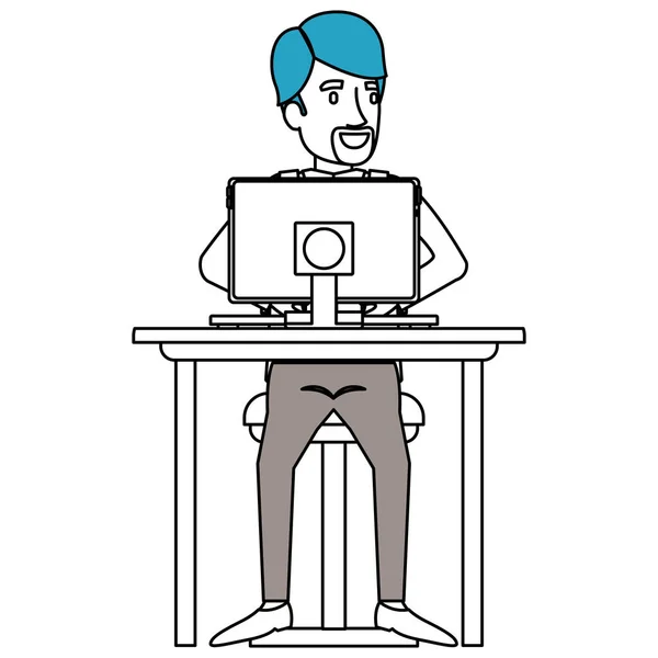 Sezioni di colore silhouette dell'uomo con abito formale e barba van dyke e lato parted capelli e seduta in sedia in scrivania in tablet — Vettoriale Stock
