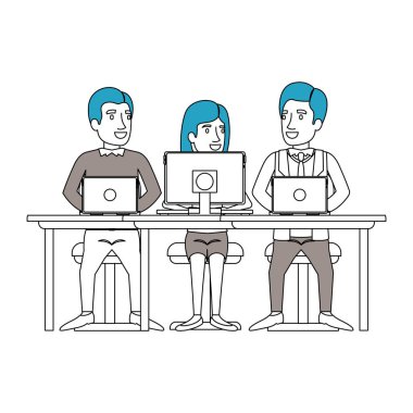 siluet renk bölümleri teknik cihazlar bilgisayar iş adamları ile masasında oturan ekip çalışması