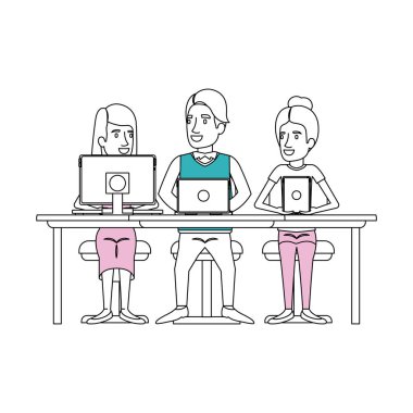 siluet renk bölümleri grubunun kadın ve teknoloji cihazlar bilgisayar iş adamları ile masasında oturan adam tarafından standartlarla uyumlu