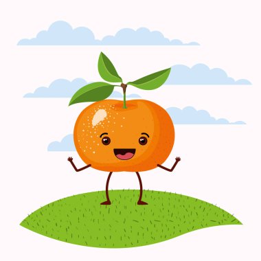 gökyüzü manzara ve çizgi film etkileyici mandalina meyve kawaii ayakta çim renk sahne ayarla