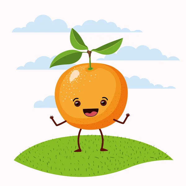 カラー情景画像設定空の風景や漫画表現のオレンジ色の果物かわいい立って草 — ストックベクタ