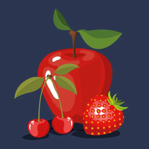 Fondo de color de cerezas con frutas de manzana y fresa — Vector de stock