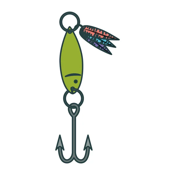 Красочный силуэт рыболовного крючка с декоративными перьями с толстым контуром — стоковый вектор