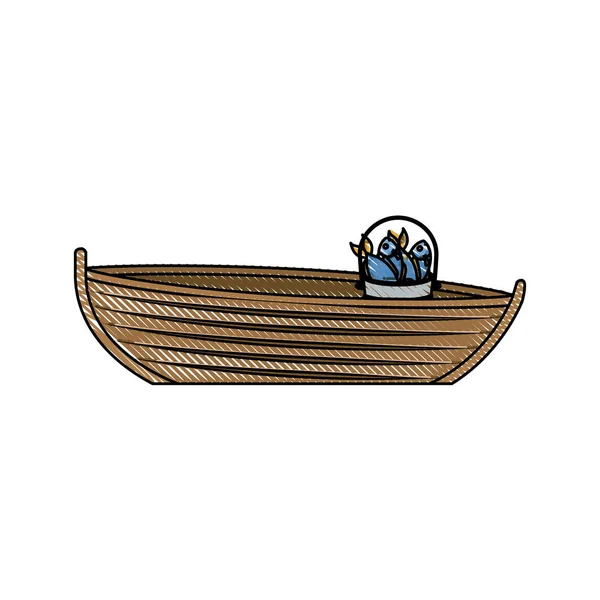 Buntstift Silhouette von hölzernen Fischerboot mit Eimer voller Fische — Stockvektor