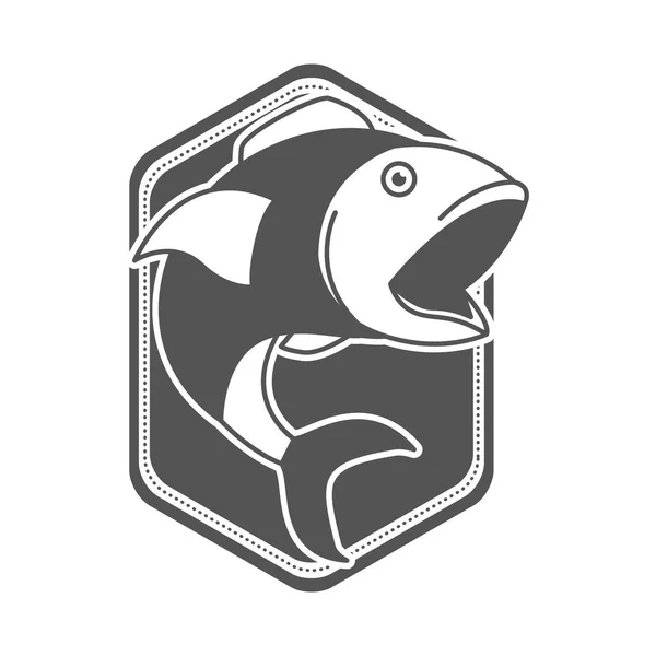 Silueta monocromática de emblema en forma de diamante con pez boca abierta — Vector de stock