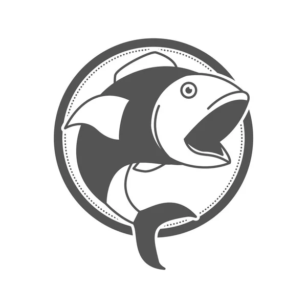 Silueta monocromática de forma circular emblema con pez boca abierta — Vector de stock