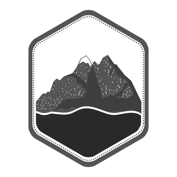 Monokrom silhuetten av diamant form emblem med moutain och floden — Stock vektor