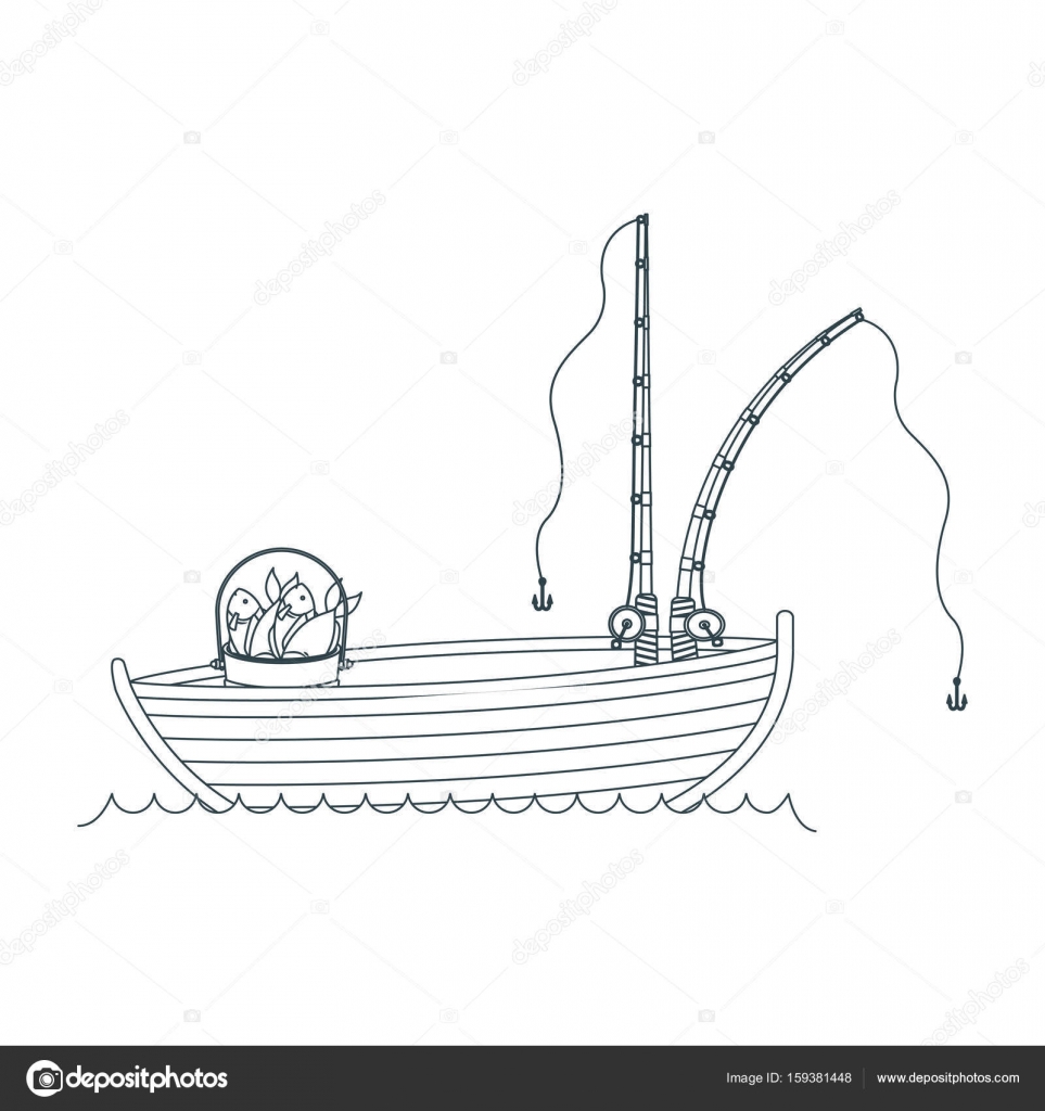 Barca da pesca in legno sagoma scura nel lago e due canna con secchio pieno di