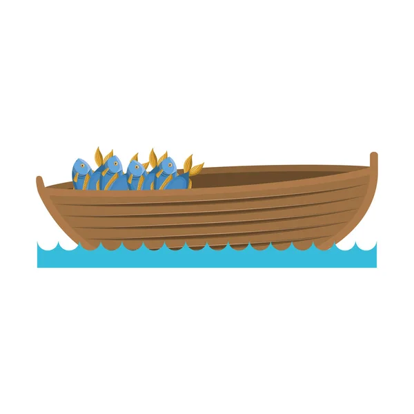 Color silhouette wooden fishing boat in lake with full of fish — Stock Vector